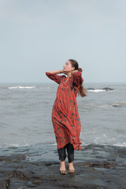 Ehsaas Madder Red Patchwork Kalidaar Ajrakh Kurta