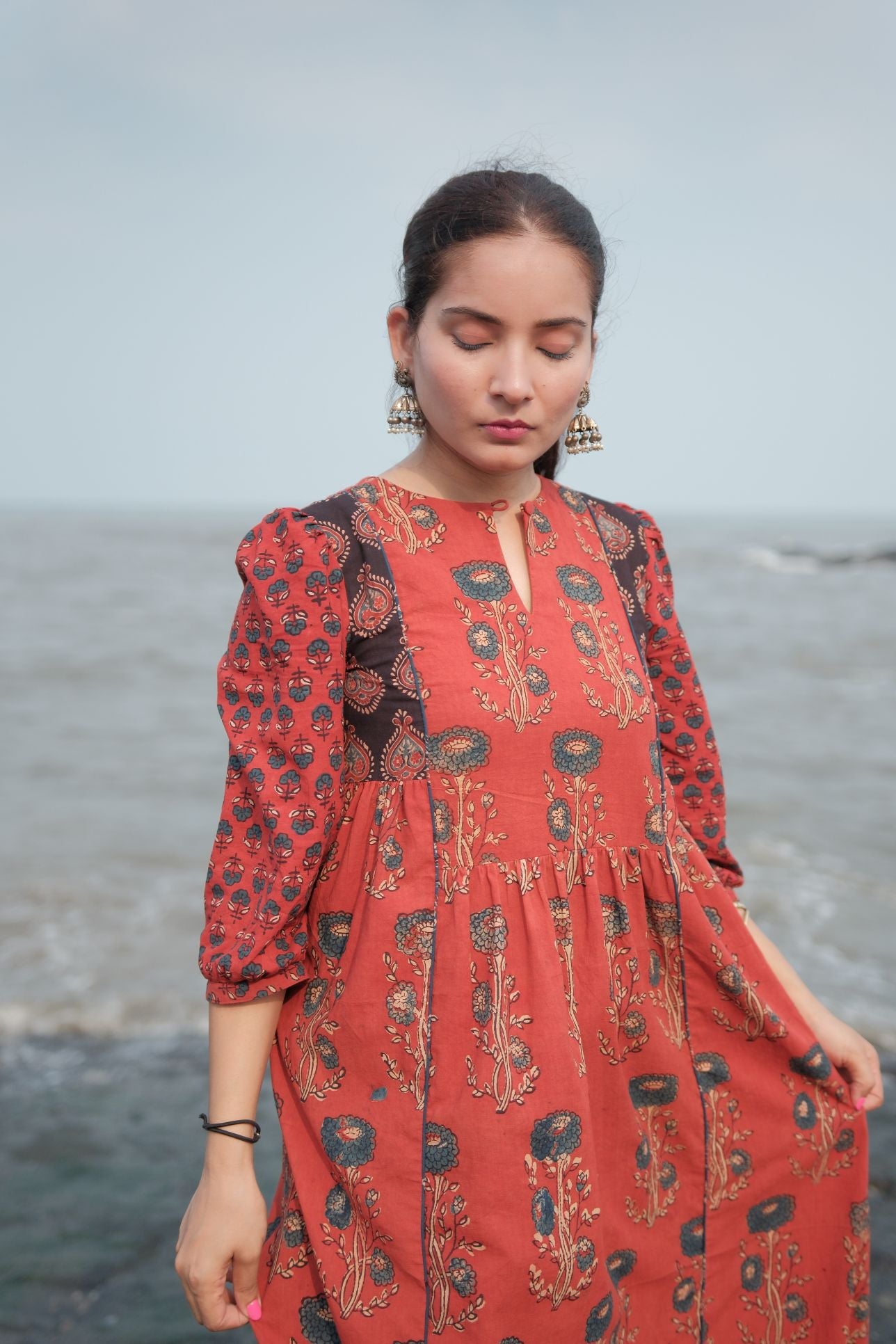 Ehsaas Madder Red Patchwork Kalidaar Ajrakh Kurta