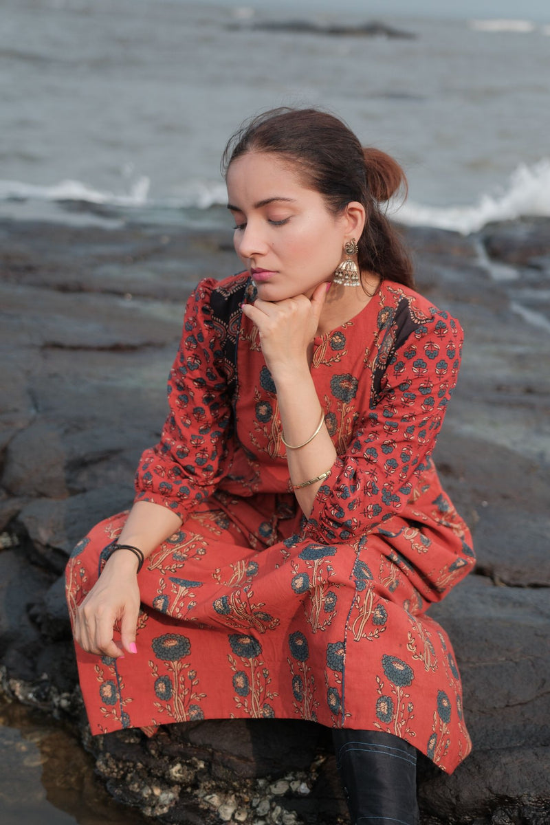 Ehsaas Madder Red Patchwork Kalidaar Ajrakh Kurta