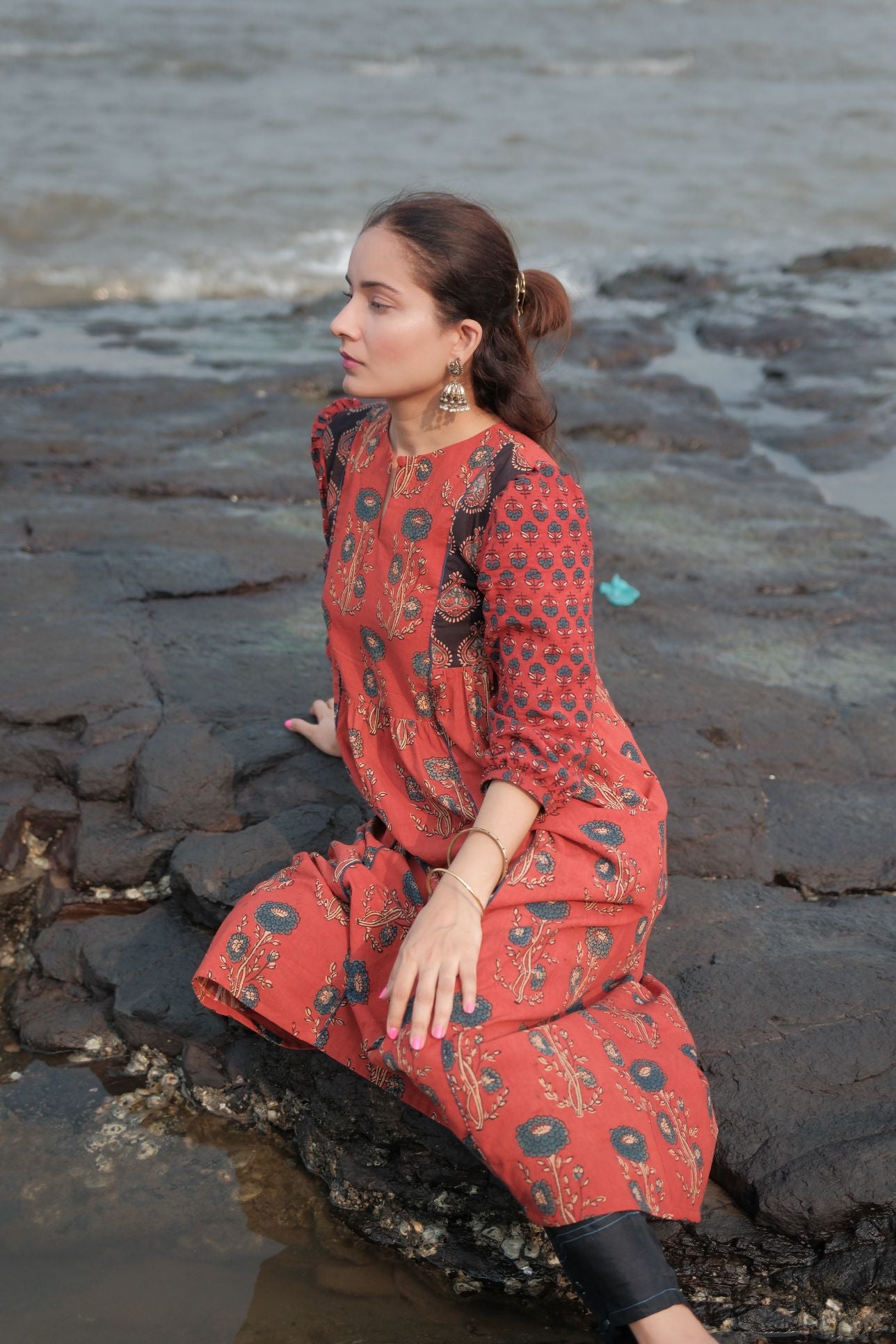 Ehsaas Madder Red Patchwork Kalidaar Ajrakh Kurta