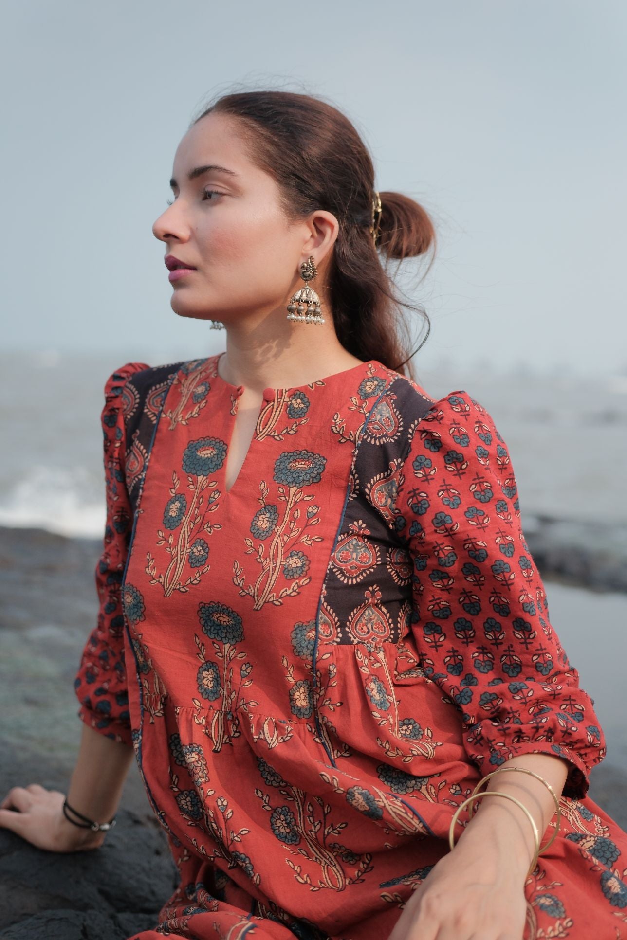 Ehsaas Madder Red Patchwork Kalidaar Ajrakh Kurta