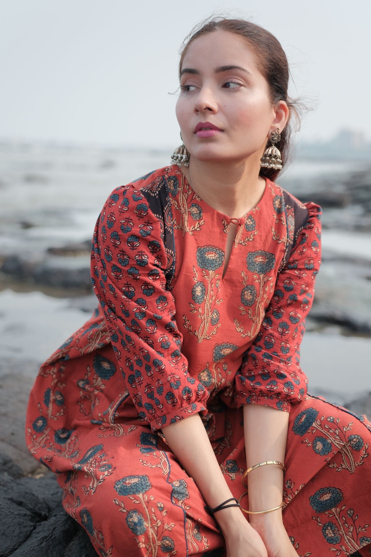 Ehsaas Madder Red Patchwork Kalidaar Ajrakh Kurta