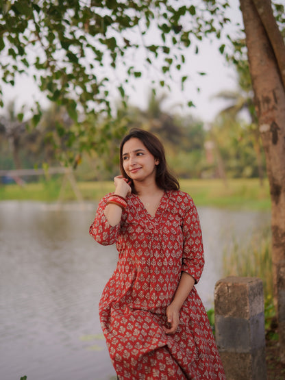 Katha Kalidaar Madder Red Bagru Co-ord Set