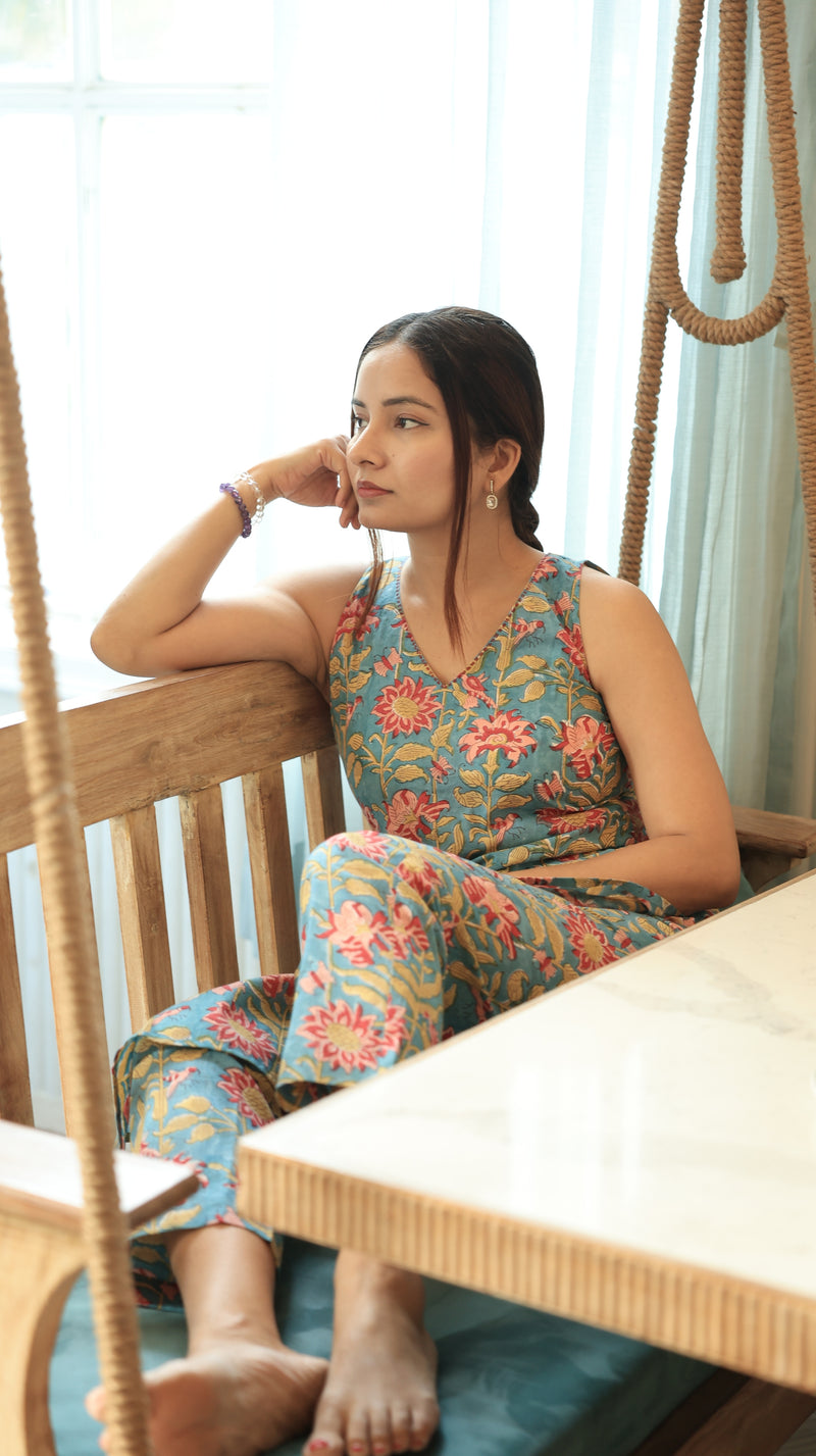 Raha Blue Sanganeri Co-ord Set