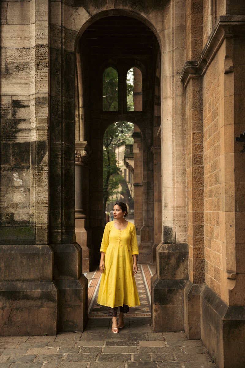 Genda Phool Khadi Cotton Jamdani Kalidaar Kurta