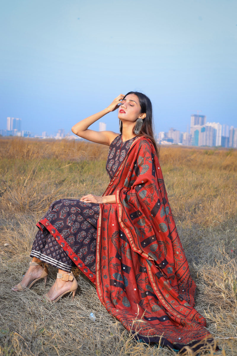 Madder Ajrakh Chanderi Silk Dupatta with mirror work