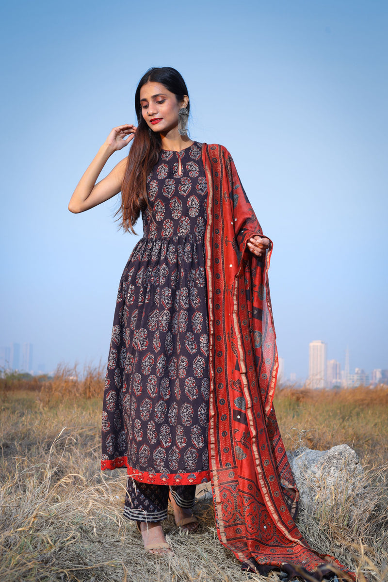 Madder Ajrakh Chanderi Silk Dupatta with mirror work