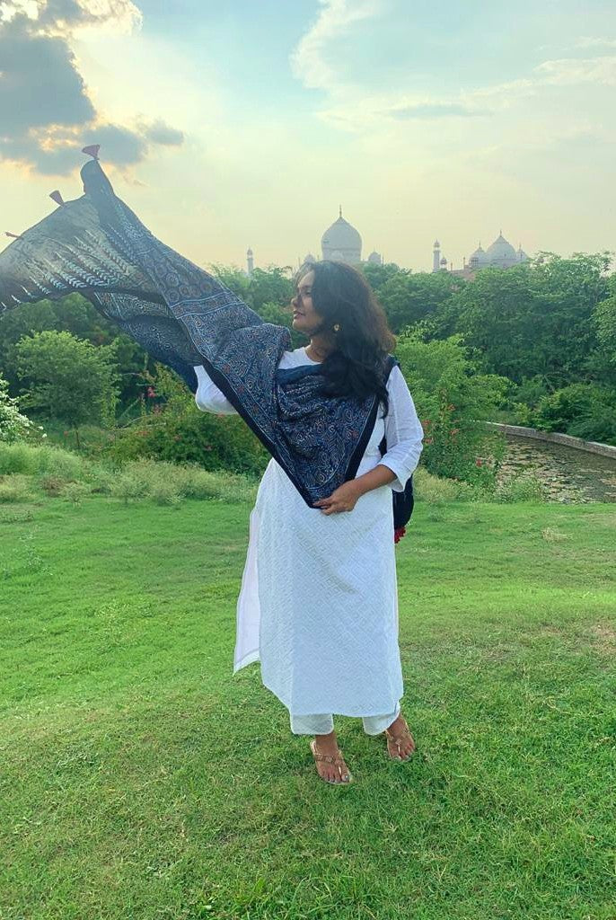 Indigo Ajrakh Modal Silk Dupatta
