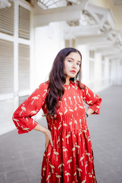 Flamingo Red Silk Kurta & Black Modal Silk Pants