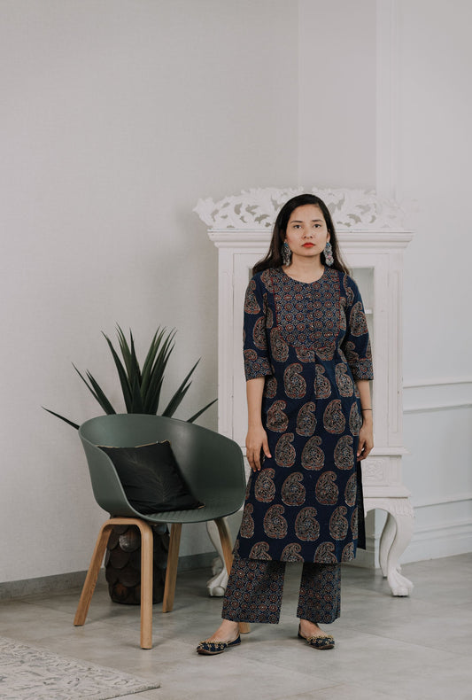 Maaina Indigo Ajrakh Kurta Pant Set