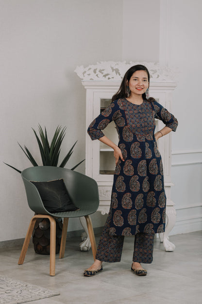 Maaina Indigo Ajrakh Kurta Pant Set