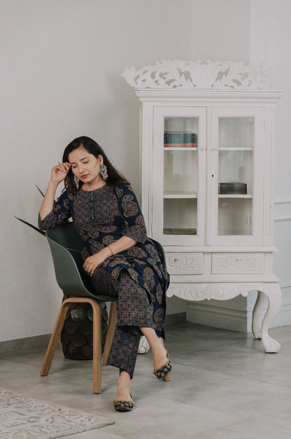 Maaina Indigo Ajrakh Kurta Pant Set