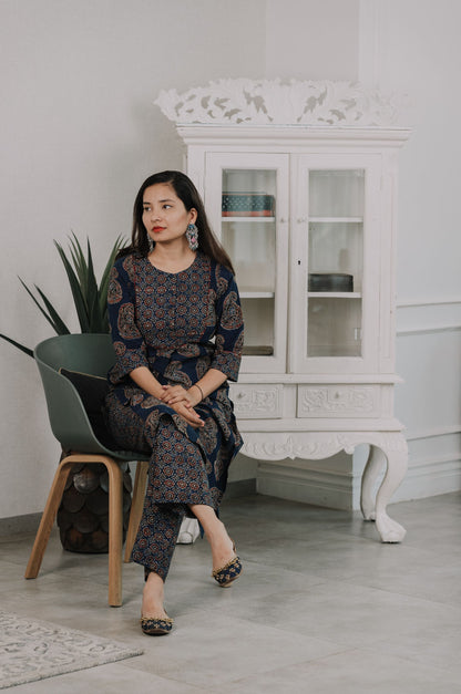 Maaina Indigo Ajrakh Kurta Pant Set