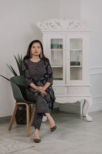 Maaina Indigo Ajrakh Kurta Pant Set