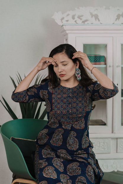 Maaina Indigo Ajrakh Kurta Pant Set