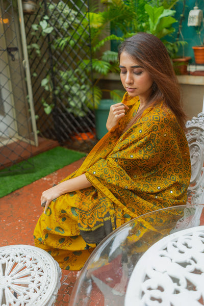 Yellow Ajrakh Chanderi Silk Dupatta with mirror work