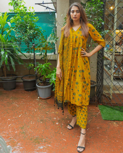 Mira Yellow Ajrakh Kurta Pant Set WITHOUT Dupatta