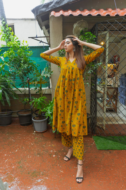 Mira Yellow Ajrakh Kurta Pant Set WITHOUT Dupatta
