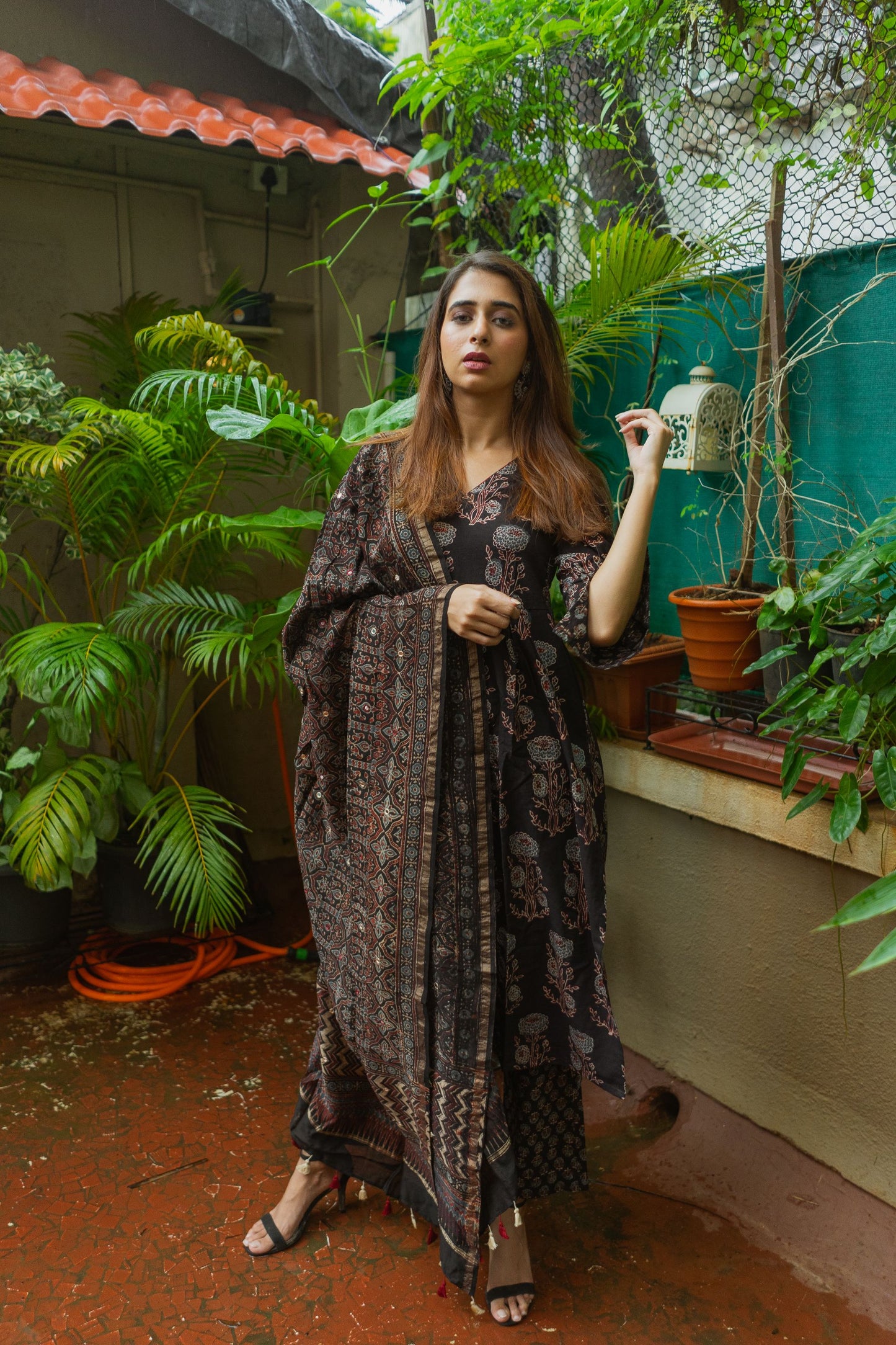 Black Ajrakh Chanderi Silk Dupatta with mirror work