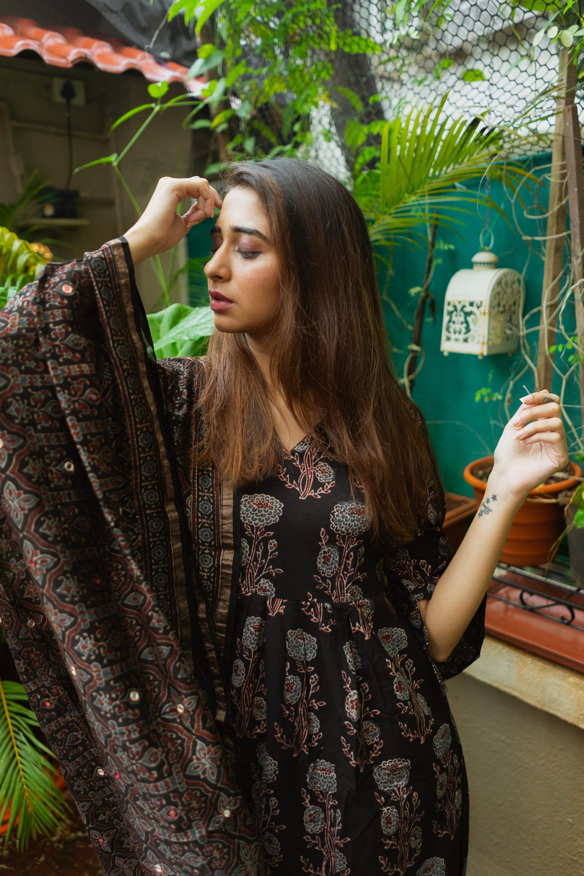 Black Ajrakh Chanderi Silk Dupatta with mirror work Entwine Black Ajrakh Chanderi Silk Dupatta with mirror work Entwine