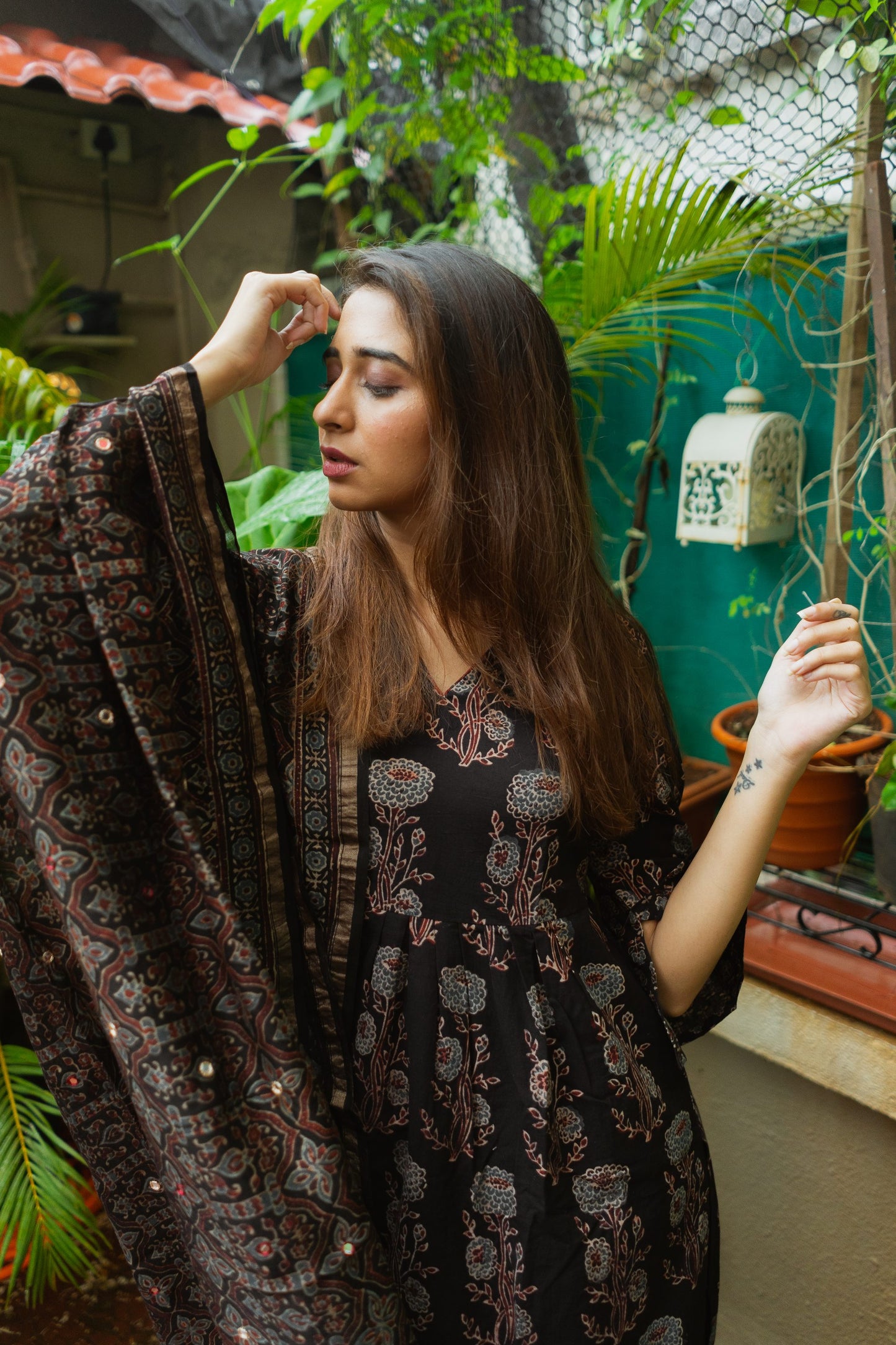 Black Ajrakh Chanderi Silk Dupatta with mirror work