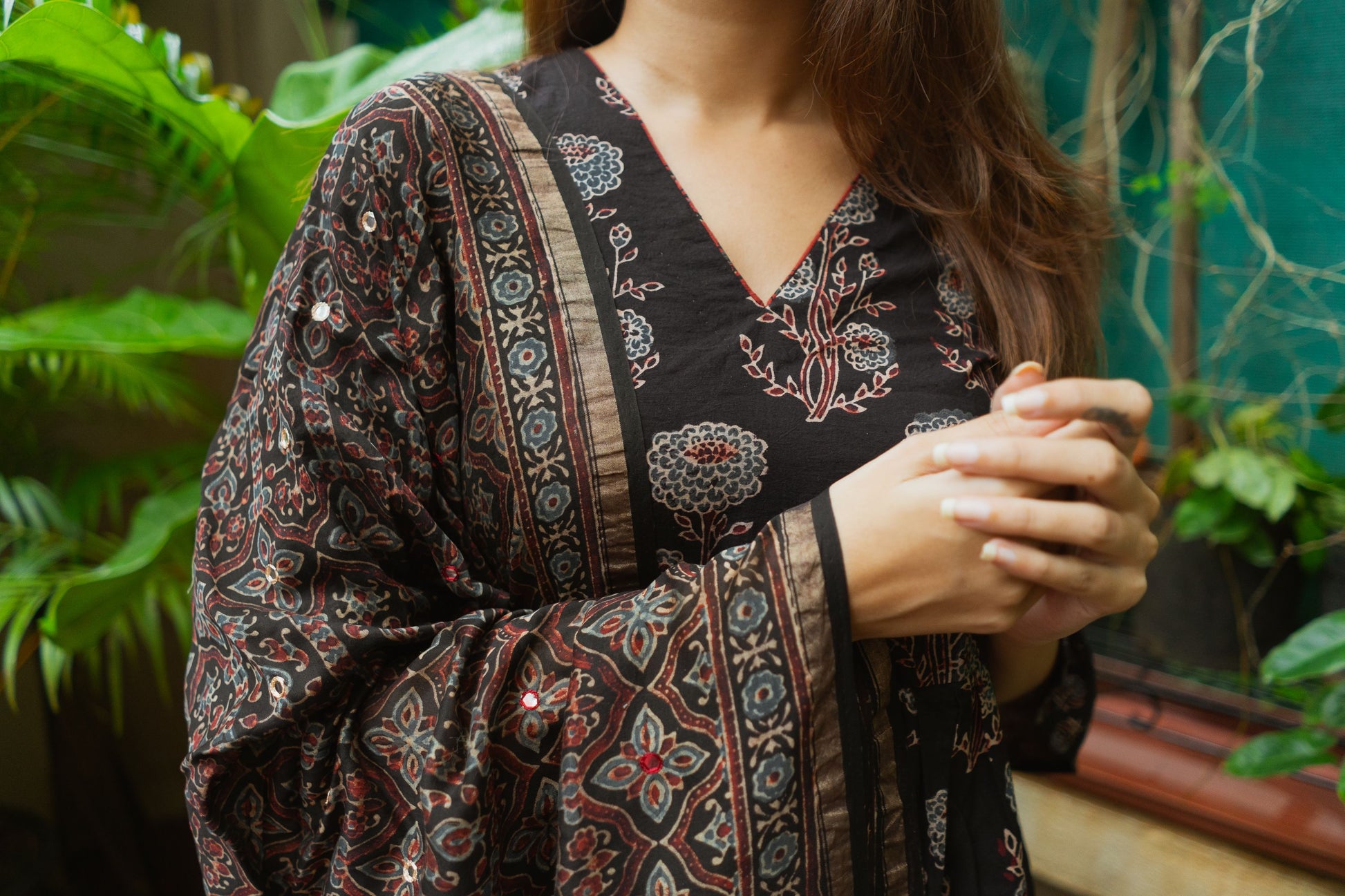 Black Ajrakh Chanderi Silk Dupatta with mirror work – Entwine